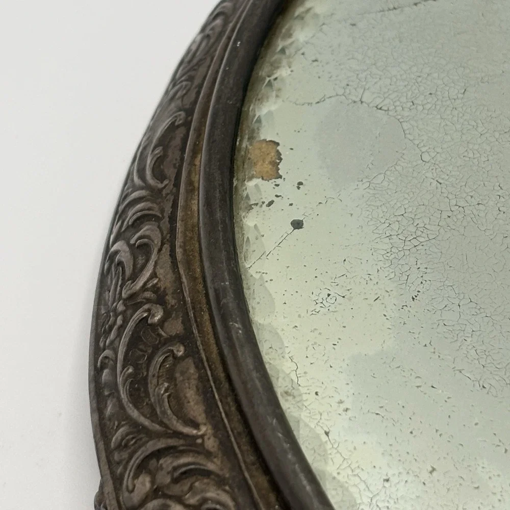 Antique Von Bergh S.P. Co. Beveled Mirror Silver‎ Plated Repousse Vanity Plateau